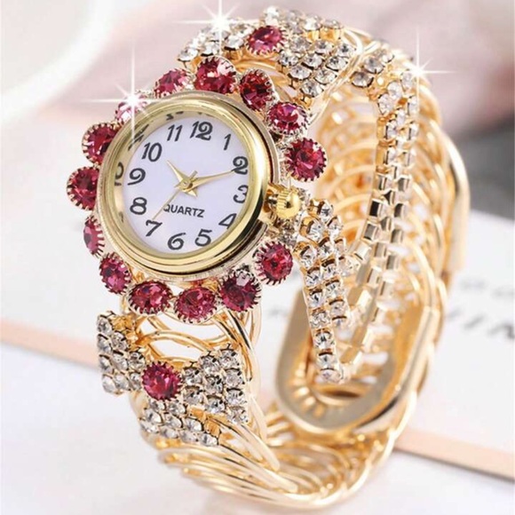 Accessories - 💎💖💎 LADIES PINK & CLEAR CRYSTAL RHINESTONE WATCH ON GOLD TONE CIRCULAR CUFF❗️